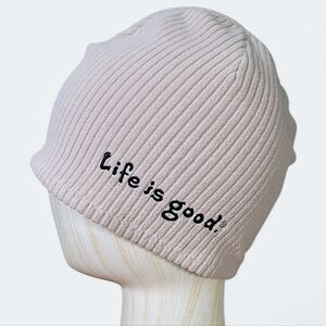Life Is Good Reversible Beanie Cap Beige Ribbed And Black Fleece Men's One Size